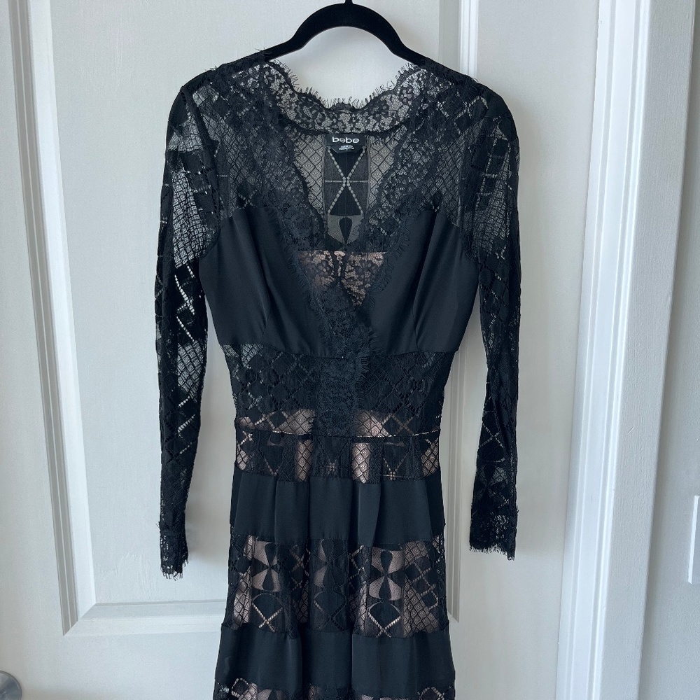 Bebe Black Lace Bodycon Dress – Sheer Panel Detail